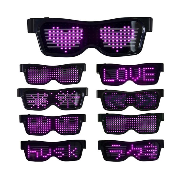 Smart LED Eyeglasses Personalised Party Attraction 1.Unique, Fun & Entertaining! Show off your creativity! 2.Bluetooth enabled to connect to CellPhone App and instantly customize your messages! 3.Light up your message and make it stand out simply with the tip of your finger! 4.Functions include: Text, Drawing, Animation, and Equalizer display! 5.Lightweight, fold-able, illuminative LED, built-in memory! 6.Quality Quaranteed 7.5 Colors:Pink,Red,Green,White,Blue, WE CHOOSE YOUR COLOR.