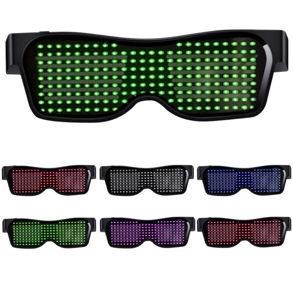 Smart LED Eyeglasses Personalised Party Attraction 1.Unique, Fun & Entertaining! Show off your creativity! 2.Bluetooth enabled to connect to CellPhone App and instantly customize your messages! 3.Light up your message and make it stand out simply with the tip of your finger! 4.Functions include: Text, Drawing, Animation, and Equalizer display! 5.Lightweight, fold-able, illuminative LED, built-in memory! 6.Quality Quaranteed 7.5 Colors:Pink,Red,Green,White,Blue, WE CHOOSE YOUR COLOR.