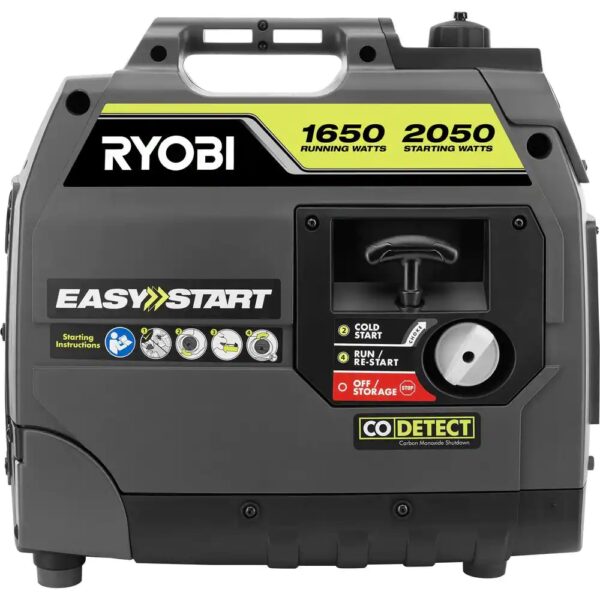 Ryobi 2050 Starting Watt Gray Recoil Start Gasoline Powered Digital Inverter Generator with CO Shutdown 2,050 starting watts, 1,650 running watts Quiet operation Pure Sine Wave technology safe for sensitive electronics CO detect and CO sensor Parallel kit capable Fuel efficient auto-idle fuel-saving technology Two 120-Volt outlets Extendable handle and wheels for easy transport 3-year limited warranty