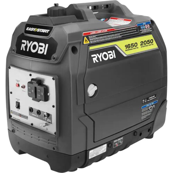 Ryobi 2050 Starting Watt Gray Recoil Start Gasoline Powered Digital Inverter Generator with CO Shutdown 2,050 starting watts, 1,650 running watts Quiet operation Pure Sine Wave technology safe for sensitive electronics CO detect and CO sensor Parallel kit capable Fuel efficient auto-idle fuel-saving technology Two 120-Volt outlets Extendable handle and wheels for easy transport 3-year limited warranty