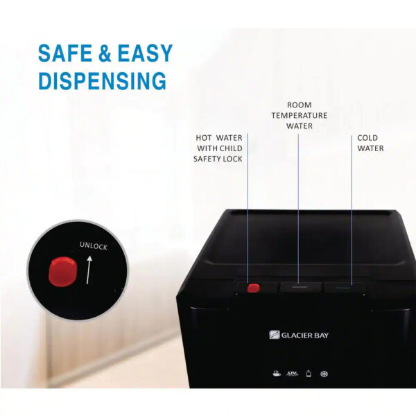 Glacier Bay Matte Black and Stainless Steel Bottom Load Water Dispenser Hot and cold stainless steel reservoir for superior long-lasting reliability Built-in LED nightlight and quiet water pump UV sterilization system ensures water quality Large fill area that fits most glasses and pitchers ETL Listed and ENERGY STAR certified